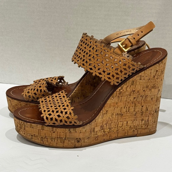 Tory Burch Shoes - Tory Burch Daisy Cork Wedge Heel Sandals Laser Cut Leather Tan Women's Size 10 M